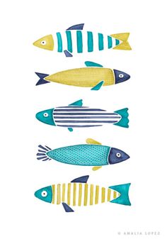 four different colored fish on white paper with blue and yellow stripes, each one in the same