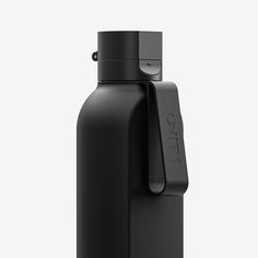 a black water bottle with the lid open on a white background, it is empty