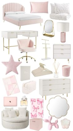 a collage of pink and white furniture