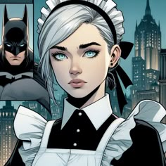 a woman with white hair and blue eyes in front of a batman character, wearing an apron