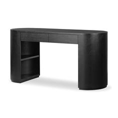 a black desk with an open shelf on it's left side and the top half closed