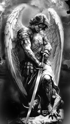 Angel Vs Demon Tattoo Sleeve, Eagle Arm Sleeve Tattoo, Angel Warrior Wallpaper, Gladiator Angel Tattoo, Mens Dark Tattoo Ideas, Sisteen Chapel Tattoos, St Michael Sleeve Tattoo, St Michael Police Tattoo, Spiritual Warfare Tattoo