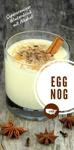 an egg nog drink in a glass with cinnamons around it and the words, super