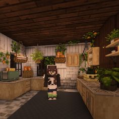 a minecraft kitchen with lots of plants and pots on the counter top, in front of a brick wall