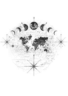 a black and white drawing of the earth with stars, moon and planets on it