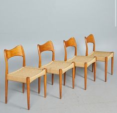 The price is for each item! 4 chairs are available. beautiful chairs designed by Arne Hovmand Olsen for Mogens Kold in the early 1960s.  Model 175 Warm, honey-colored teak tone.  Wonderfully curved, very comfortable backrest.  Seat made of braided cord/paper cord. The chairs are in good and well-kept condition. Minor signs of wear (e.g. minor stains in the cord weave)  MaterialsOak and paper cord Total height approx. 79 cm  width approx. 46 cm  Seat height approx. 46 cm  Seat width approx. 49 cm  Seat depth approx. 42 cm Worldwide insured shipping from Berlin, Germany.  I pack all the packages myself, therefore due to environmental reasons I may use second-hand packaging. Hope that would be ok with you!  Please write to me if you have any questions! Oak Chairs, Midcentury Furniture, Oak Chair, Danish Style, Dining Chair Design, Beautiful Chair, Furniture Designer, Furniture Dining Chairs, Mid Century Furniture