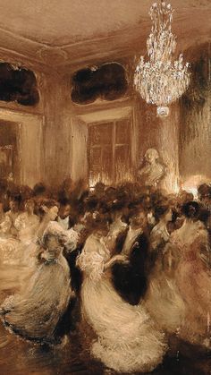 a painting of people dancing in an old fashion dance hall with chandeliers hanging from the ceiling