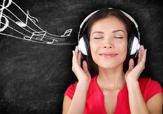 a woman listening to music with headphones and musical notes coming out of her ears