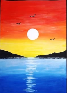 an acrylic painting of a sunset over the ocean with birds flying in the sky