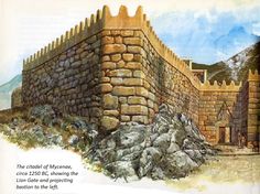 an old drawing of a castle made out of rocks and stone blocks with the caption'the child of mycene, circez 12302 ac following the lion