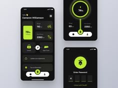 three cell phones displaying the user's dashboards and their time on them, all showing different times