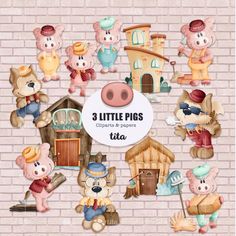 three little pigs cliparts are shown in front of a brick wall with the words 3 little pigs on it