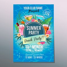 a flyer for a summer party with cocktails and flowers