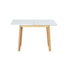 a white table with two wooden legs