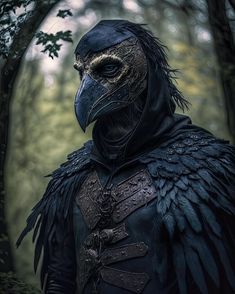 an image of a man wearing a bird mask in the middle of a wooded area