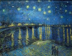 an oil painting of a night scene with stars in the sky over water and buildings