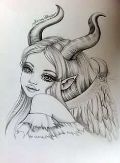 a drawing of a girl with horns and wings on her head, looking at the camera