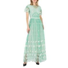 Burberry Ladies Dresses. Fashion category: Casual Dresses. SKU: 4546879. Color: Aqua Green_ White. Burberry Ladies Round-neck Embroidered-tulle Dress. This dress features an interior lining, detailed stitchings, a zipped back and hook fastening. Size: 2.  Color: Multicolor.  Gender: female.  Age Group: adult. Spring Floor-length Lace Dress With Lace Trim, Green Maxi Dress With Lace Trim For Spring, Feminine Green Dresses With Lace Trim, Feminine Green Dress With Lace Trim, Green Sheer Maxi Length Dress, Green Sheer Maxi Dress, Spring Short Sleeve Lace Embroidered Dress, Spring Embroidered Short Sleeve Lace Dress, Spring Embellished Embroidered Maxi Dress