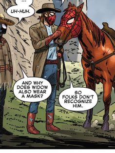 a comic book page with a horse and two men talking to each other in the background