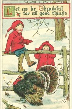 two children are standing on a fence near a turkey