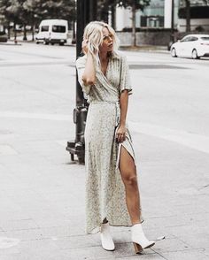 Style Notes: Pair white ankle boots with a floral print frock for a street-inspired look. Danny Dog, Work From Home Outfit Ideas, White Ankle Boots, White Booties, Maxi Dress Outfit, White Boots, Mode Inspo, Mode Inspiration