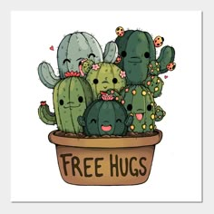 a potted plant with cute little cacti in it and the words free hugs written