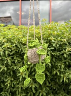 a crocheted plant hanging from a rope in front of some bushes and shrubbery