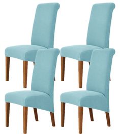 set of four upholstered dining chairs with wood legs in blue fabric, front view