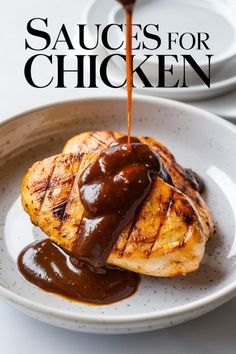 Grilled chicken breast topped with a dark, thick sauce on a white plate. Lemon Herb Dressing