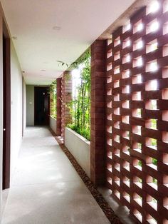 the walkway is lined with wooden slatted walls and planters on either side