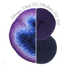 two skeins of purple and blue yarn with the same color on each side