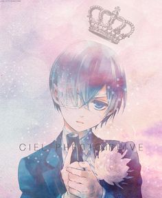 an anime character holding a cell phone with a crown on top of his head in the background