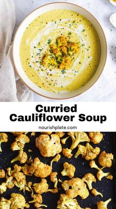 cauliflower soup in a white bowl and on a black tray