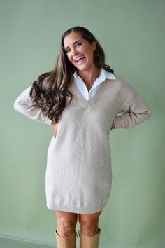 "Be both classic and chic in our Kirsten Sweater Dress - a cozy layered look with a peek of a white button down. Made from super soft fabric, this dress pairs perfectly with tall boots or flats. Perfect for any occasion! Product Details: Measurements: BUST : small 20” medium 21” large 21.5” LENGTH : small 32” medium 33” large 34” 74% acrylic 22% polyester 4% spandex faux button down layer long sleeves true to size model wearing size small model stats: size 4, 5'4 Elegant Fall Sweater Dress For Day Out, Classic V-neck Mini Dress For Daywear, Casual Sweater Dress For Fall Layering, Cream Dress For Day Out In Fall, Cream Dresses For Fall Day Out, Cream Dresses For Day Out In Fall, Preppy Long Sleeve Dresses For Fall, Cream Long Sleeve Sweater Dress For Work, Elegant Neutral Sweater Dress For Fall