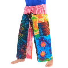 I started sewing by making thai fisherman wrap pants as the pattern is relatively easy. I am sure you like the unique tie-dye pants as every pants is different. The measurements of the pants are waist and hips (circumference) 56 inches but please keep in mind that due to the wrap style it will become smaller but should fit for average body types.  The total pants length is 43 inches and the inseam 22 inches. The pants is made of cotton and has a tie closure to wrap the pants. Jo Wood, Dye Pants, Fisherman Pants, Average Body, Tie Dye Pants, Wrap Pants, Unique Ties, Tie And Dye, Pants Length