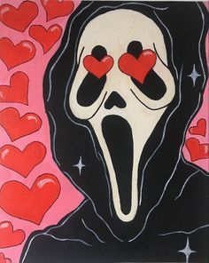 a painting of a skeleton with red hearts on it's eyes and mouth, in front of a pink background