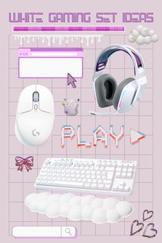 a computer keyboard, mouse and headphones on a tile background with text that reads white gaming studios play