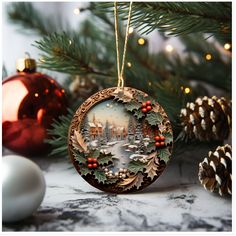 an ornament hanging from a christmas tree next to other ornaments and pine cones