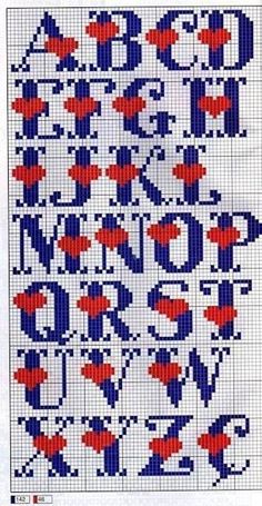 a cross stitch pattern with red, white and blue letters