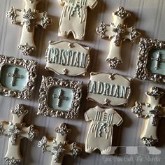 many different shaped cookies are arranged on a table with the names of each individual item