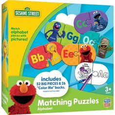 the sesame street alphabet and numbers puzzles are shown in front of an advertisement for sesame street