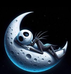 a skeleton sitting on the moon with its eyes closed