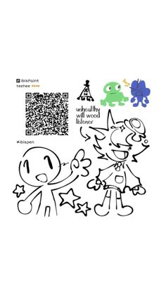 some cartoon characters are drawn on a piece of paper with qr code in the background