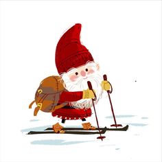 an image of a santa claus skiing on the snow with ski poles and a backpack