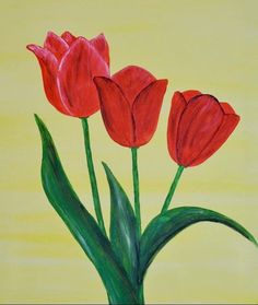 three red tulips in a green vase on a yellow background, painted with acrylic paint