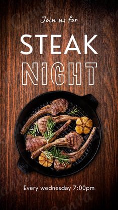 steak night flyer with grilled steaks on a grill