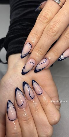 Beige And Blue Nails, Almond Acrylic Nails Trendy, Black Almond Acrylic, Black Almond Acrylic Nails, French Nails With Design, Dark Blue Nails, Simple Fall Nails, Hello Nails