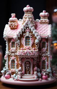 a close up of a gingerbread house on a table