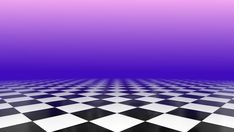 a black and white checkerboard floor with purple sky in the backgroud