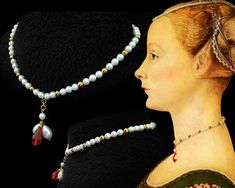 "Italian Renaissance Necklace inspired on a late 15th century portrait of Piero Pollaiuolo. The most original and beautiful Italian Reenactment Necklace. Perfect Renaissance jewelry for a date, for your historical costume, historical party, or renaissance and medieval event, renaissance faire ... So simple and so elegant. The best combination of colors for your historical suit: White, gold and red. This is one of the simplest reproductions I make, and the one I like the most! It's a necklace tha Baroque Historical Design Necklace For Gift, Baroque Necklace With Historical Design As A Gift, Elegant Gold Costume Jewelry, Elegant Gold Jewelry For Costume, Elegant Costume Jewelry Choker, Elegant Handmade Costume Jewelry, 15th Century Jewelry, 16th Century Jewelry, Medieval Necklace